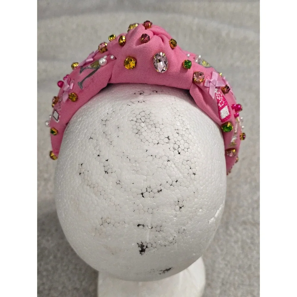 Brianna Cannon Pink Champagne Party Headband Crystals Pearls Embroidered Knotted